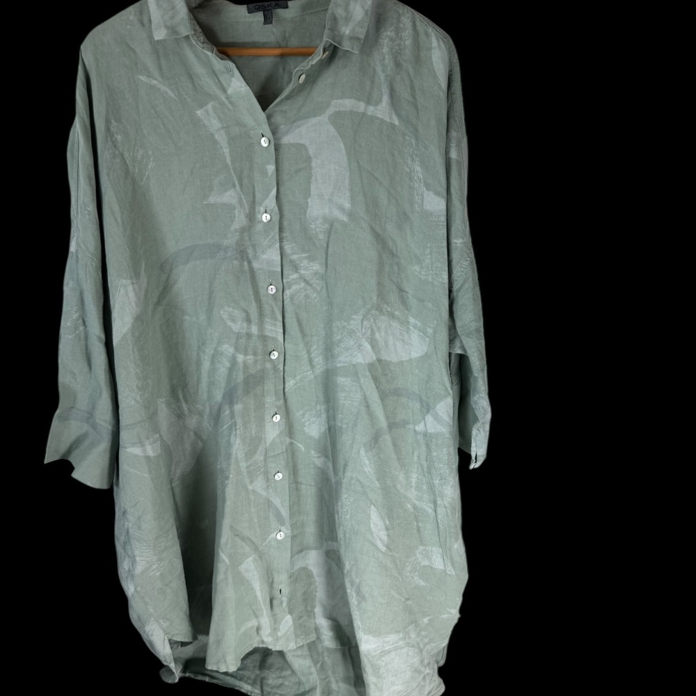 Oska‎ 100% Linen Two Tone Green Oversized Tunic Lagenlook Dress Sz 1